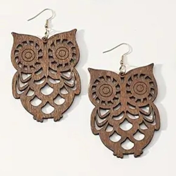 Retro Big Wooden Owl Dangle Earrings NEW - Picture 1 of 2